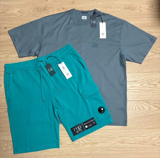 C.P. Company Resist Dyed Bermuda Lens Pocket Cargo Sweat Shorts & 30/2 Twisted Spellout/Embroidered Sailor Logo Crewneck T-Shirt Set