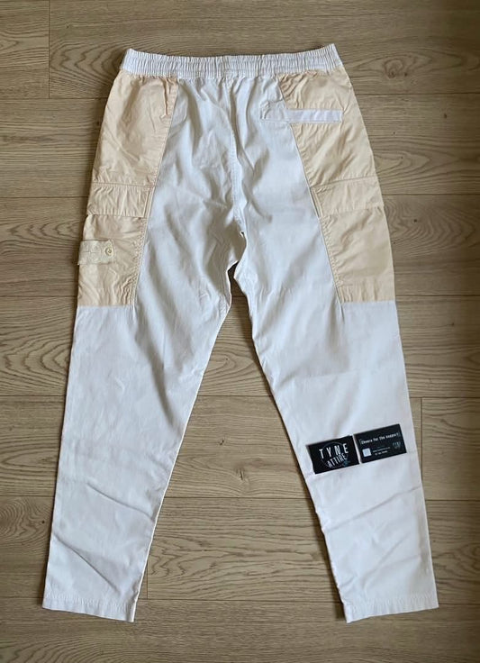 Stone Island Ghost Piece 321F2 Garment Dyed Two Tone Cotton Tela White/Beige Cargo Trousers