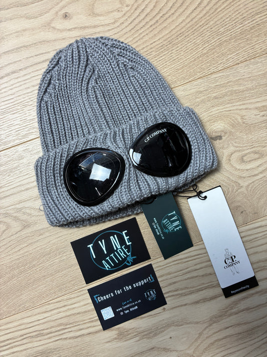 C.P. Company Extra Fine Merino Chunky Ribbed Wool Grey Melange Goggle Beanie