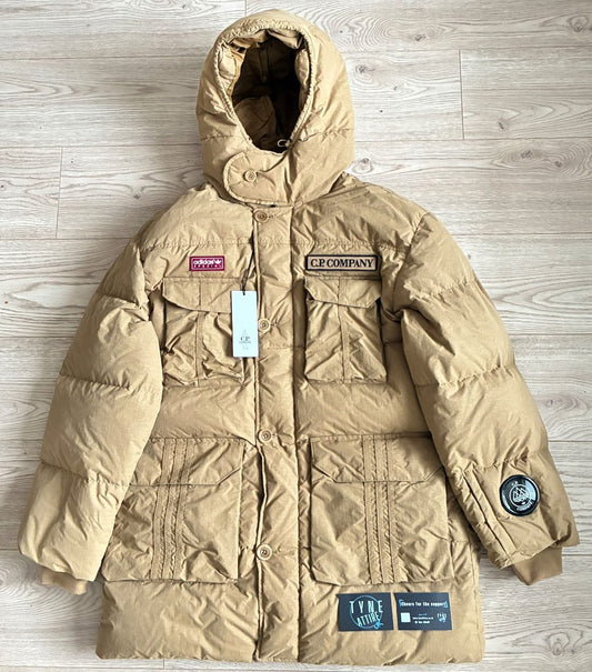 Adidas Spezial x C.P Company Flatt Nylon Down Dark Tan Beige Hooded Puffer Parka Jacket