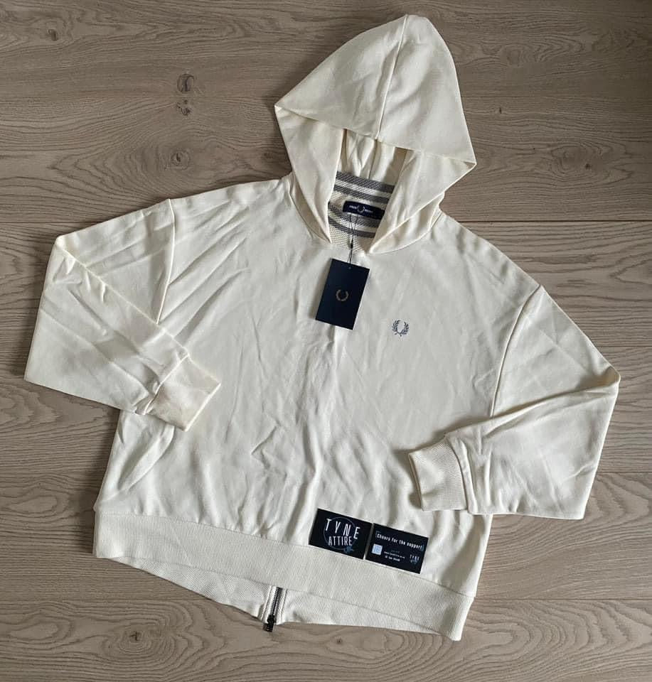 Fred Perry Womens Reverse Zip Ecru Beige Cream Knitted Trim Hooded Sweater