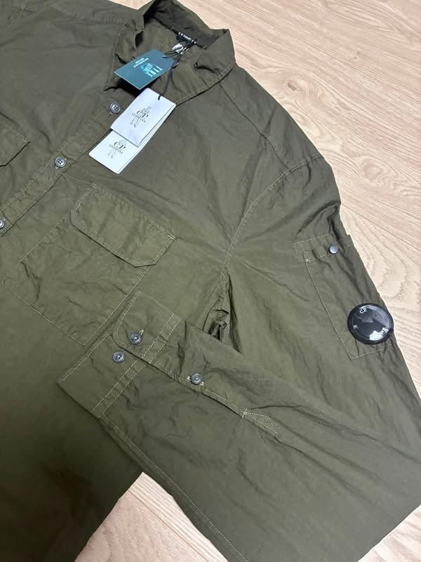 C.P. Company Taylon-L Chrome-R Garment Dyed Arm Lens Khaki Green Button Overshirt