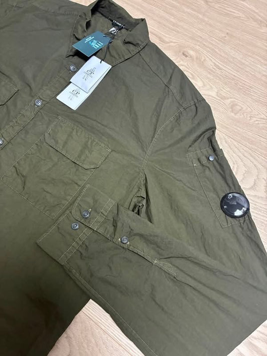 C.P. Company Taylon-L Chrome-R Garment Dyed Arm Lens Khaki Green Button Overshirt