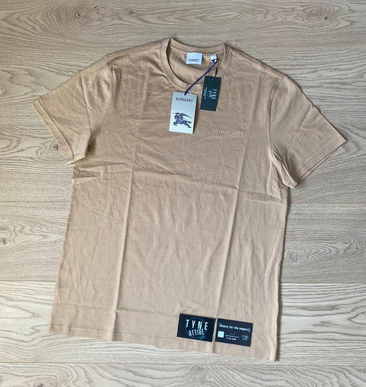 Burberry Jenson Cotton Embroidered Spellout Logo Soft Fawn Beige Crewneck T-Shirt