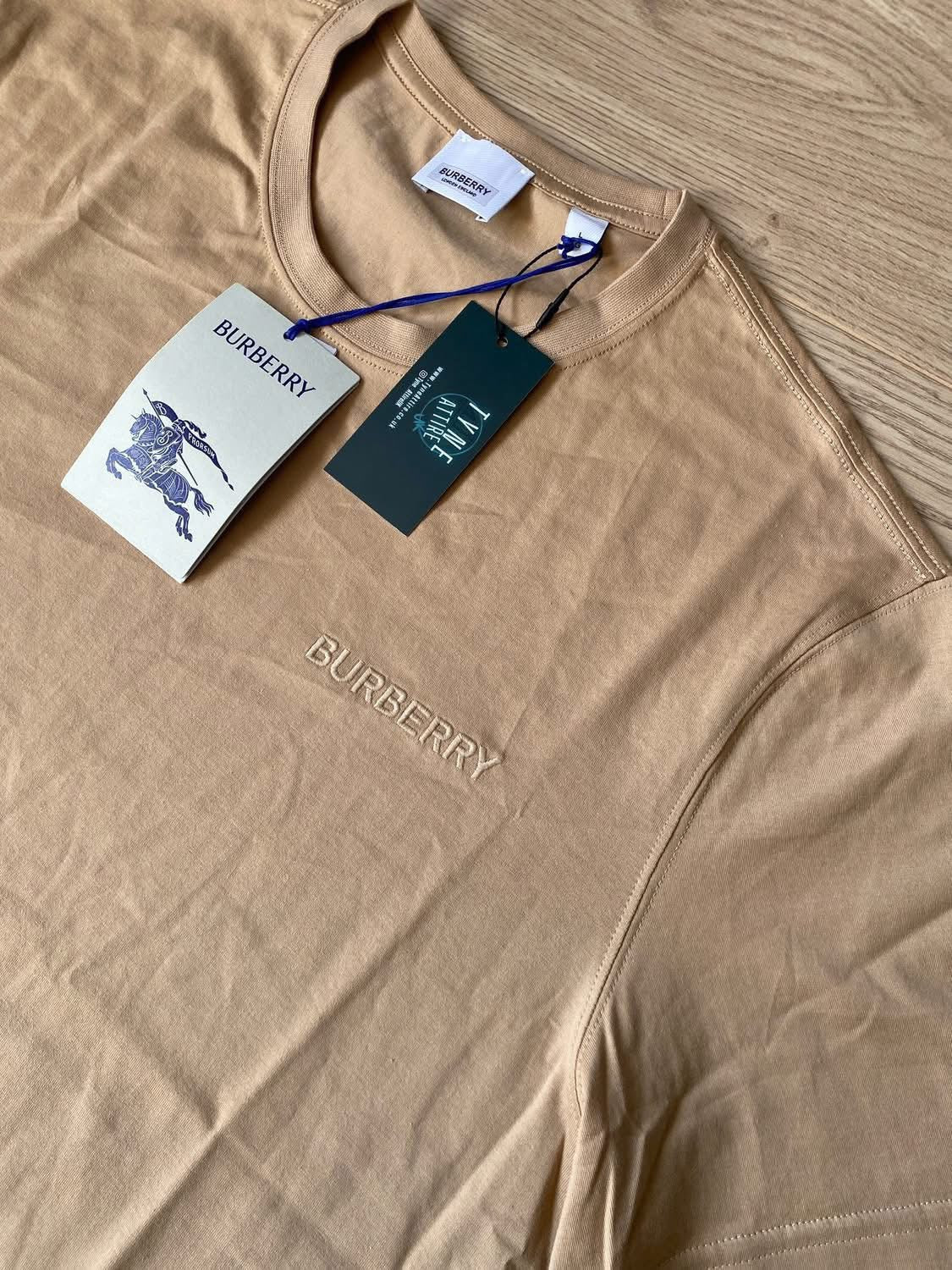 Burberry Jenson Cotton Embroidered Spellout Logo Soft Fawn Beige Crewneck T-Shirt