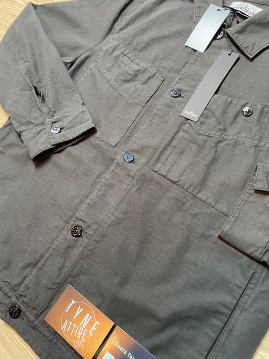 Stone Island 1200002 Garment Dyed Dual Chest Pocket Cotton Ripstop Button Black Overshirt Jacket