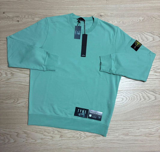Stone Island 63051 Brushed Cotton Fleece Garment Dyed Turquoise Green Sweater