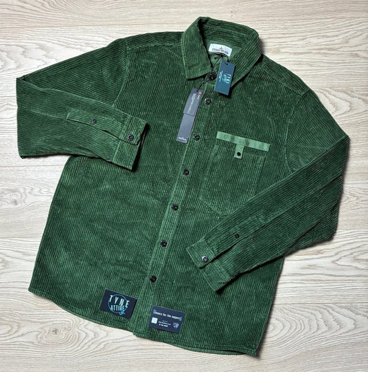 Stone Island 11811 Pocket Spellout Chest Logo Garment Dyed Jumbo Corduory Forest Green Button Overshirt
