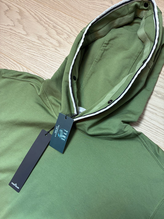 Stone Island 62852 Cotton Stretch Fleece Garment Dyed Olive Green Pullover Hoodie