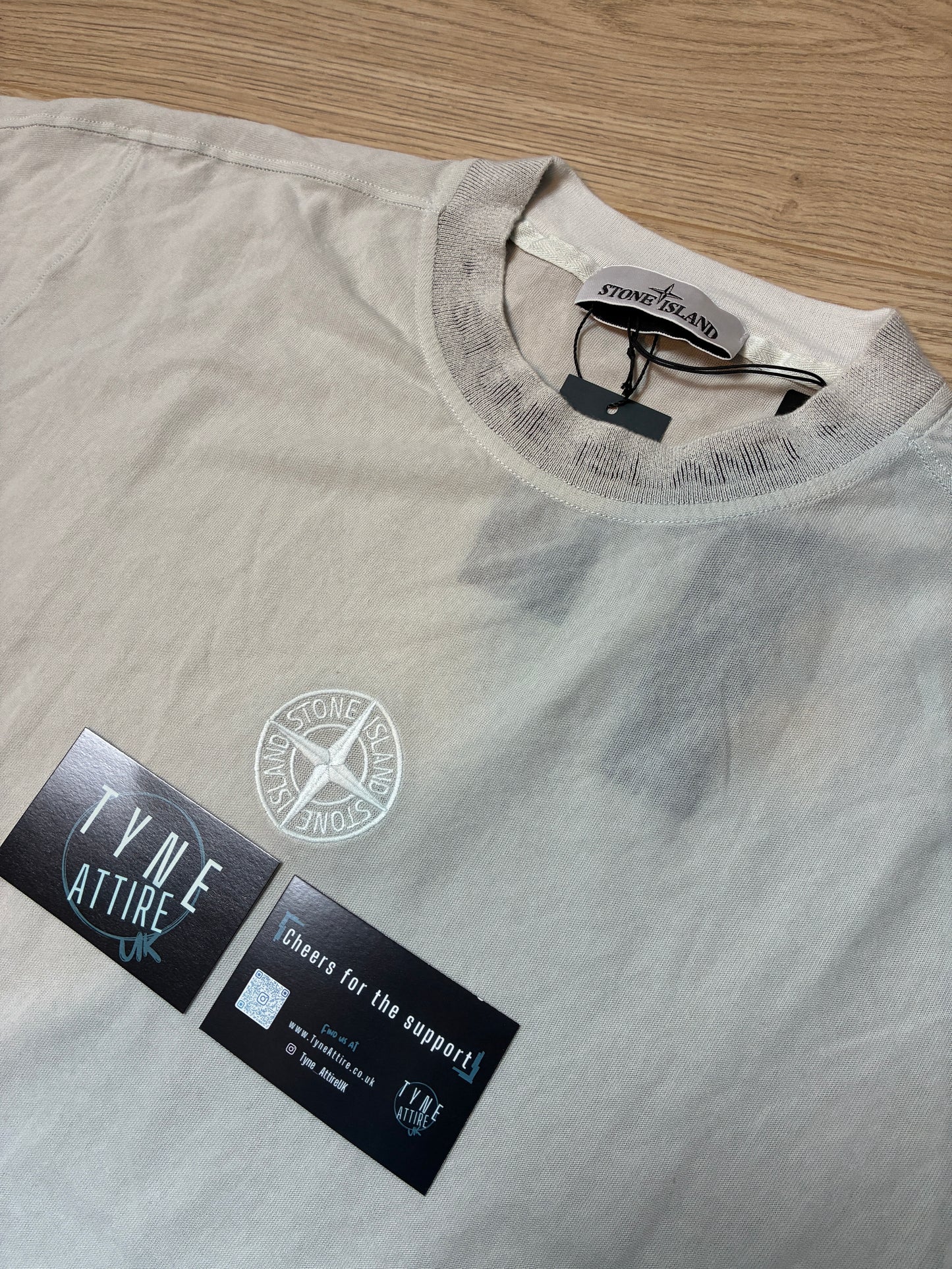 Stone Island 206E5 Textured Cotton Jersey Garment Dyed Spellout Neck/Embroidered Logo Ice Grey Crewneck T-Shirt