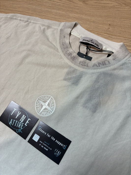 Stone Island 206E5 Textured Cotton Jersey Garment Dyed Spellout Neck/Embroidered Logo Ice Grey Crewneck T-Shirt