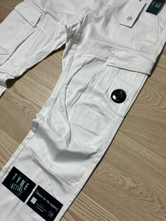 C.P. Company GD Ergonomic Fit Satin Stretch Lens Pocket White Cargo Trousers