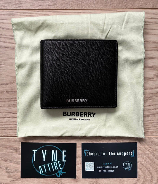 Burberry Grained Leather Unisex Card/Note Holder Spellout Logo Black Bi-Fold Wallet