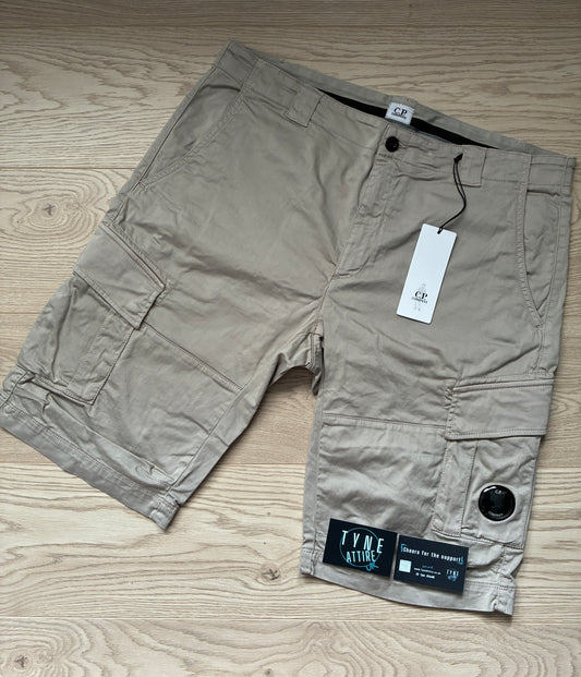 C.P Company Satin Stretch GD Bermuda Lens Pocket Beige Cargo Shorts