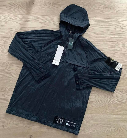 Stone Island 41720 Regenerated Nylon Metal Watro-TC Econyl 1/4 Zip Navy Blue Hooded Packable Smock Jacket