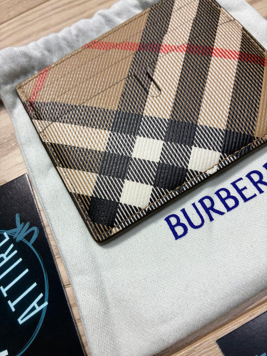 Burberry Tall Pop Check Print Leather Unisex Sand Beige Card Holder Wallet