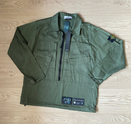 Stone Island 10802 Dual Chest Pocket Garment Dyed Sage Green 3/4 Zip Smock Heavyweight Overshirt Jacket