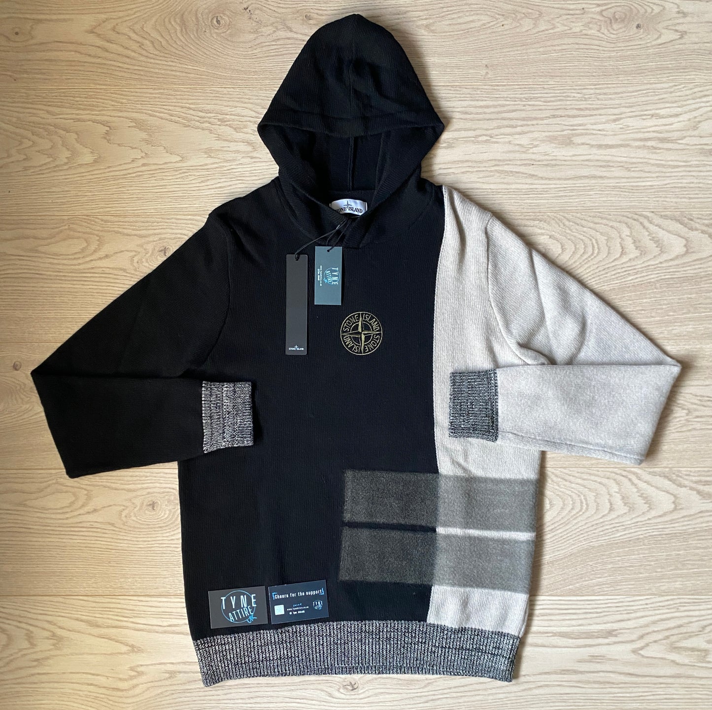 Stone Island 562D2 Wool/Nylon Blend Embroided Compass Logo Block Pattern Black Hoodie