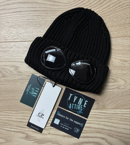 C.P. Company Extra Fine Merino Chunky Ribbed Wool Goggle Black Beanie