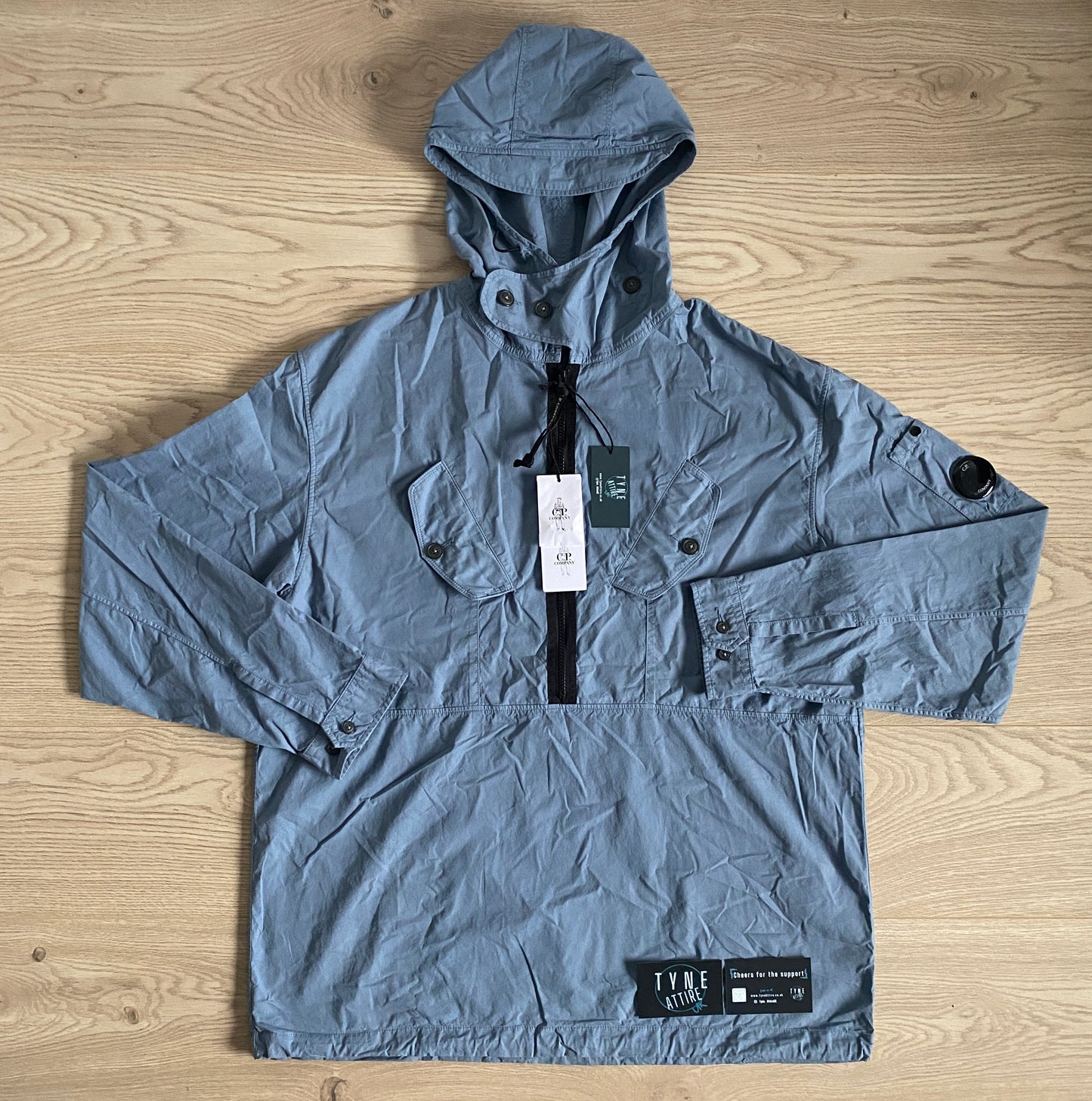 C.P. Company Dual Chest Pocket Gabardine Garment Dyed Arm Lens 1/2 Zip Blue Hooded Smock Overshirt Jacket