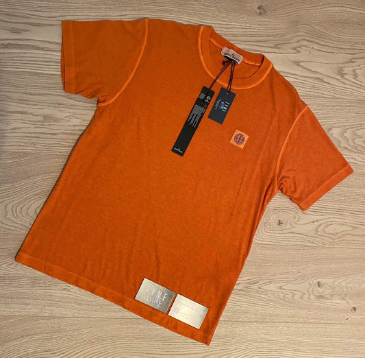 Stone Island 23757 Organic Cotton Fissato Effect Orange Crewneck Patch Logo T-Shirt