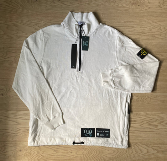 Stone Island 627Q1 40th Anniversary Garment Dyed 1/2 Zip White Funnel Neck Sweater