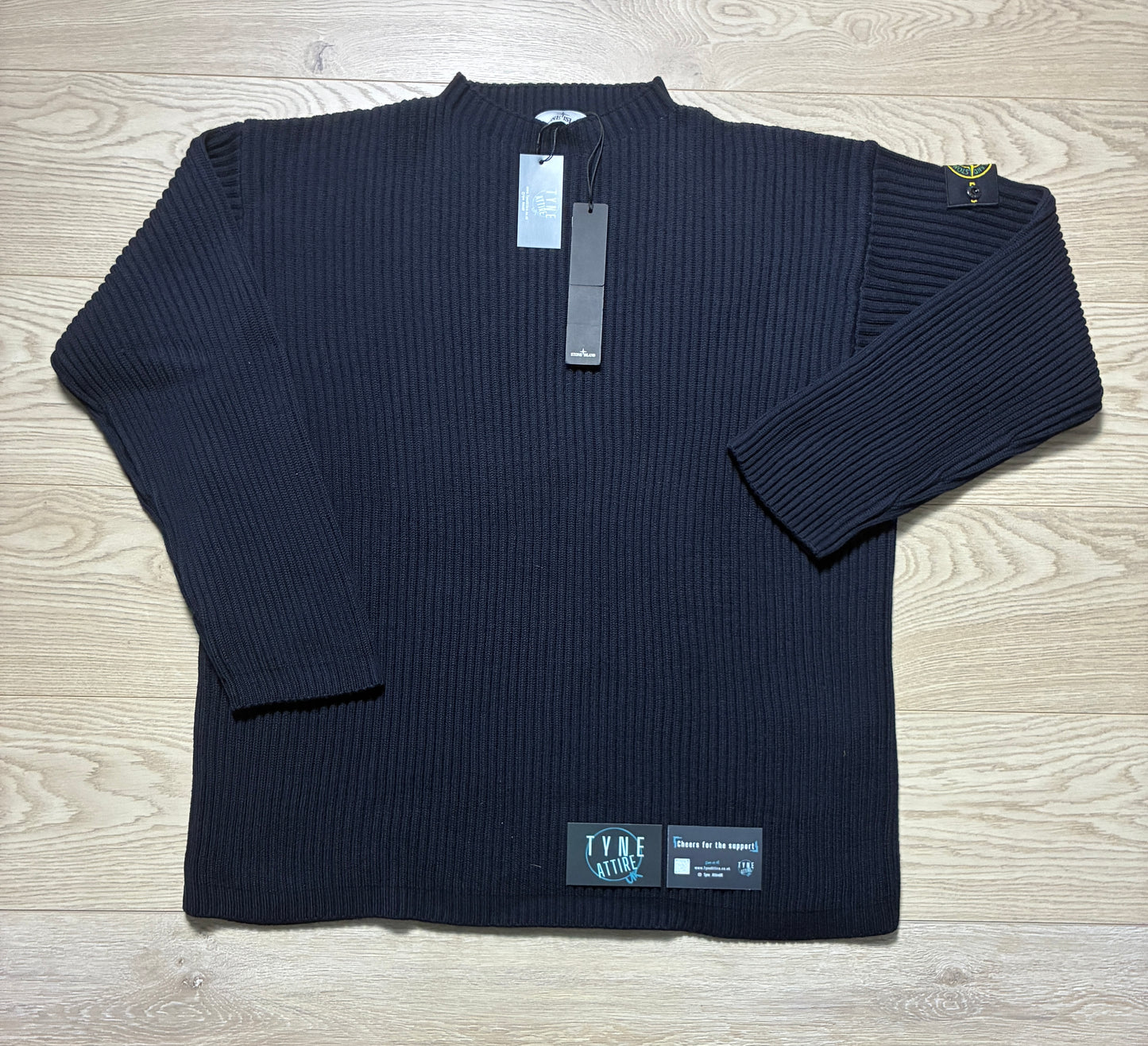 Stone Island 538C2 RWS Lana Wool Ribbed Knit Mockneck Navy Blue Sweater