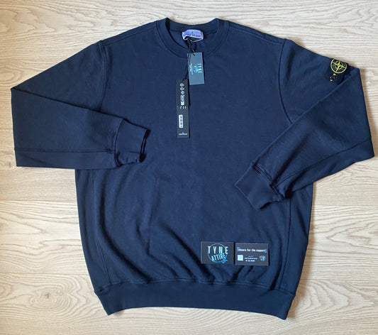 Stone Island 6100020 Malfile Fleece ‘Old’ Effect Navy Blue Crewneck Sweater