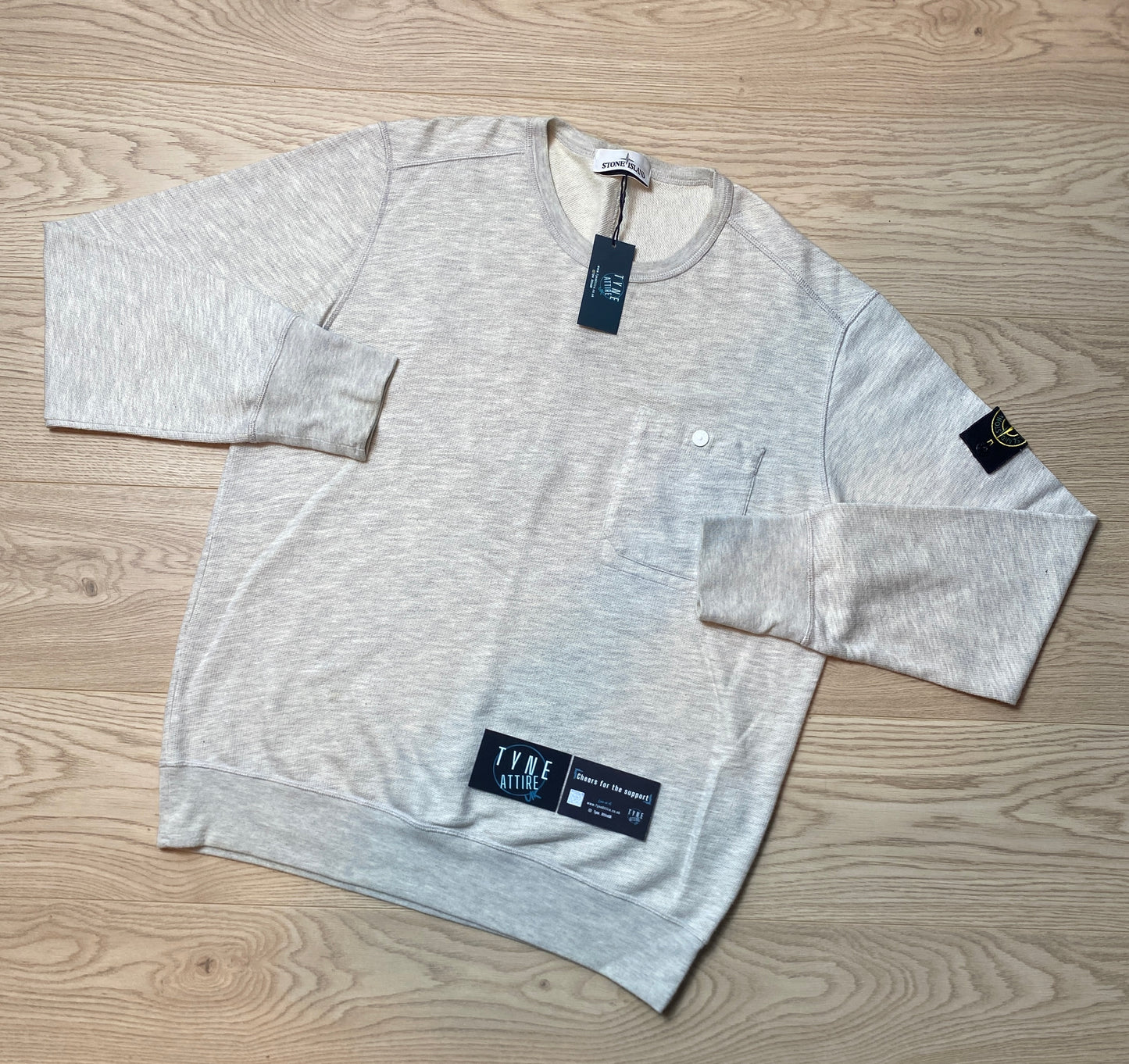 Stone Island 528D3 Chest Button Pocket Cotton/Poly Blend Grey Melange Crewneck Lightweight Sweater