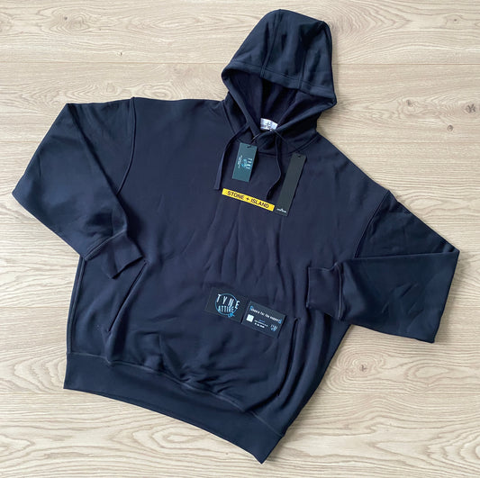 Stone Island 60335 Organic Cotton Poly Seaqual Yarn Fleece_’Micrographic’ Print Logo Navy Blue/Yellow Hoodie