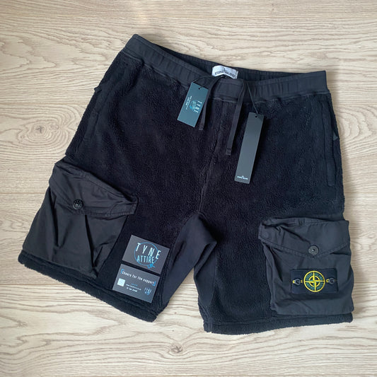Stone Island 69334 Teddy Fleece Cotton Pile Black Cargo Bermuda Shorts