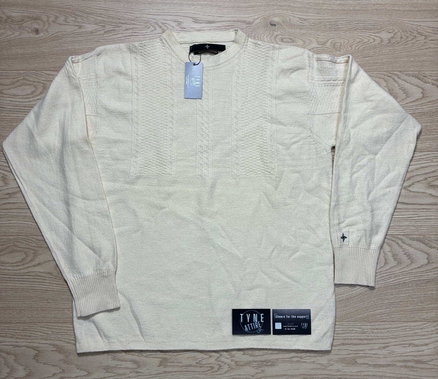 Stone Island 45280 Cuff Compass Logo Textured Pattern Beige Pullover Sweater