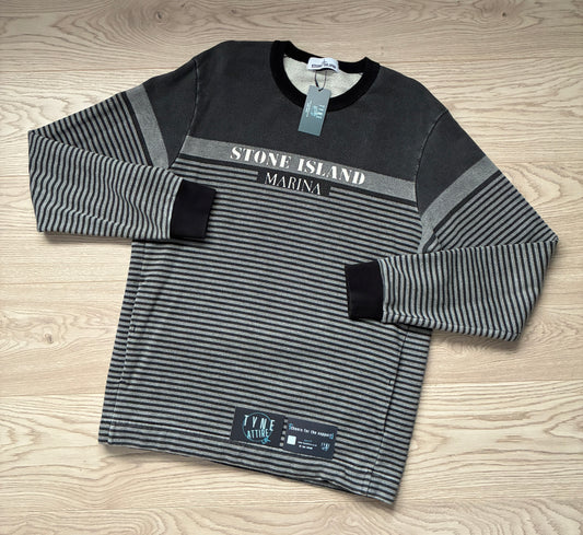 Stone Island Marina 643X6 Spellout Logo Print Black/Charcoal Grey Crewneck Sweater