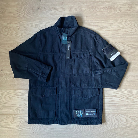 Stone Island 4100077 Ghost Piece_Garment Dyed Bonded Linen Collared Navy Blue Jacket