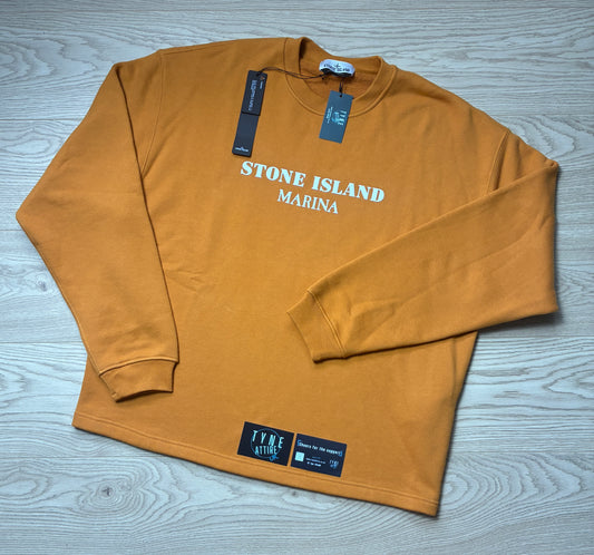 Stone Island Marina 671X6 Spellout Text Logo Orange Crewneck Sweater