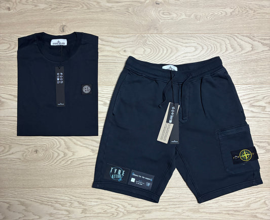 Stone Island 2100027 GD Compass Patch Logo Navy Blue Crewneck T-Shirt & Cargo Joggers Shorts Set