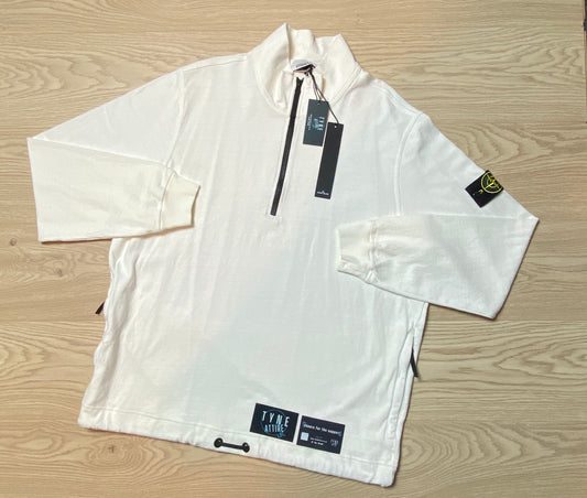 Stone Island 627Q1 40th Anniversary Garment Dyed 1/2 Zip White Funnel Neck Sweater