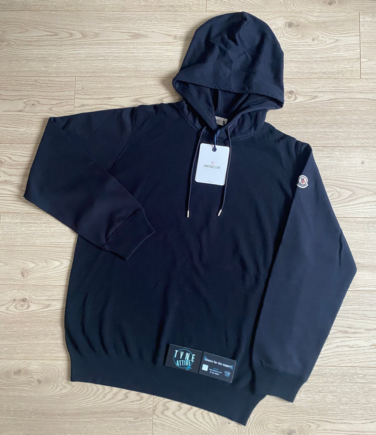 Moncler Girocollo Tricot Embroidered Arm Patch Logo Cotton Knit Pullover Navy Blue Drawstring Crewneck Hoodie