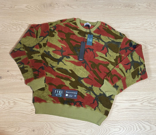 Stone Island 638E3 Heritage Camo Military Green Teddy Fleece Crewneck Sweater