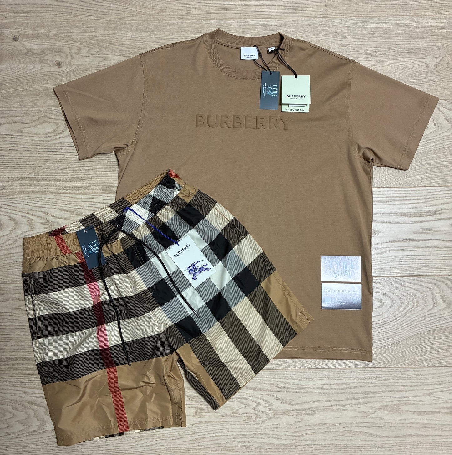 Burberry Guildes Oversized IP Check Archive Beige Swim Shorts & Harriston Spellout Raised Chest Logo Crewneck T-Shirt Set