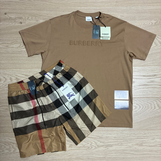 Burberry Guildes Oversized IP Check Archive Beige Swim Shorts & Harriston Spellout Raised Chest Logo Crewneck T-Shirt Set