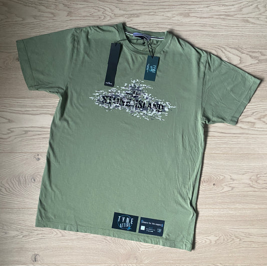 Stone Island 2NS90 Spellout Graphic Logo Institutional Two Print Logo Sage Green Crewneck T-Shirt