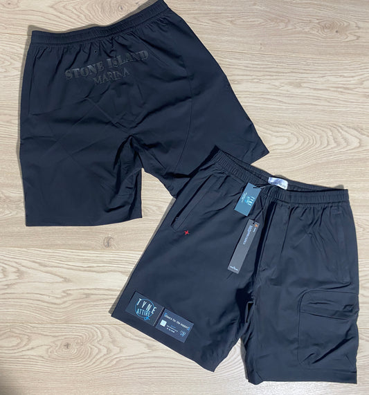 Stone Island Marina 615X2 Nylon Blend Spellout Text Black Bermuda Cargo Shorts