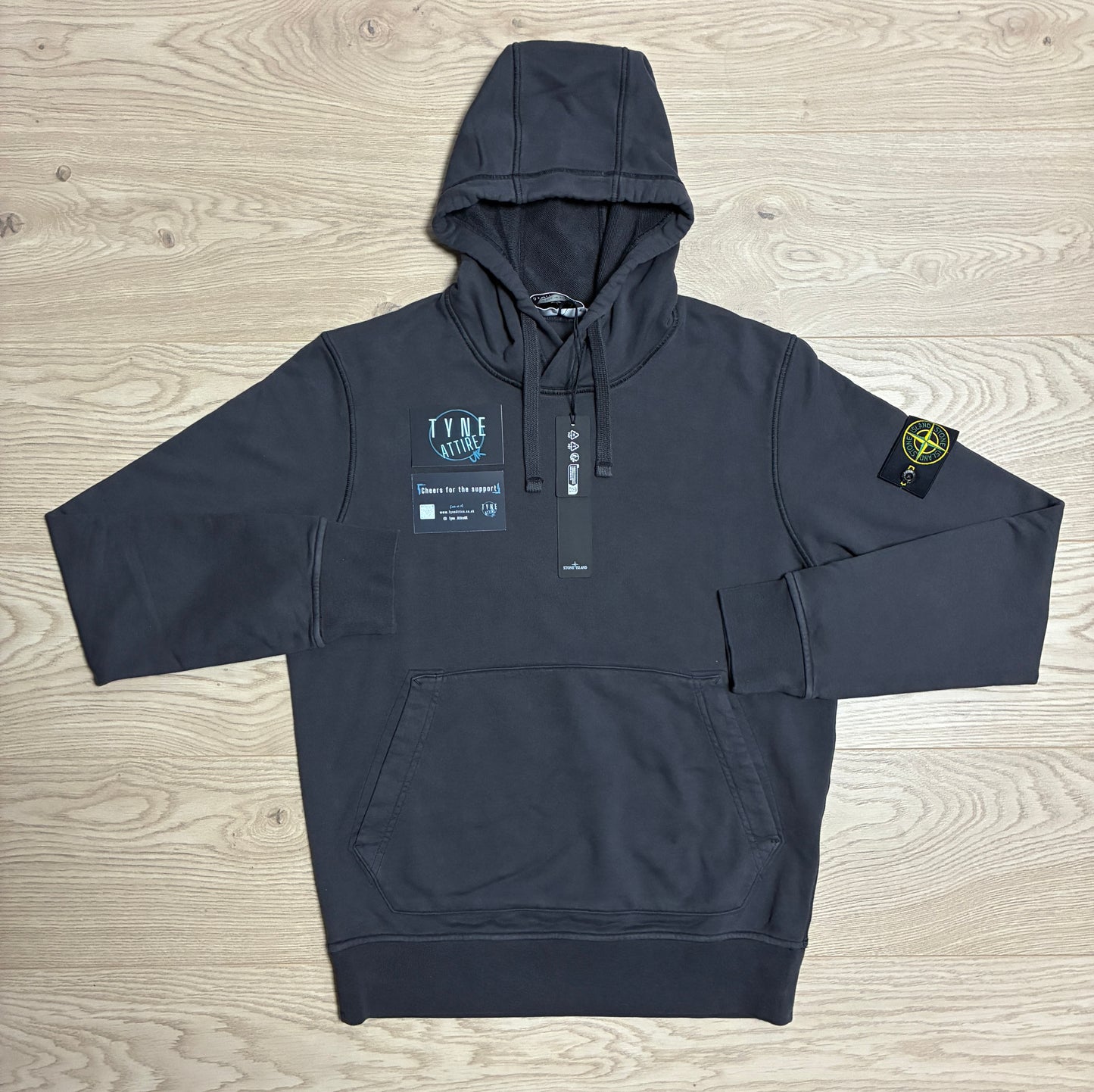 Stone Island 64151 Cotton Fleece Garment Dyed Charcoal Black Popover Drawstring Hoodie
