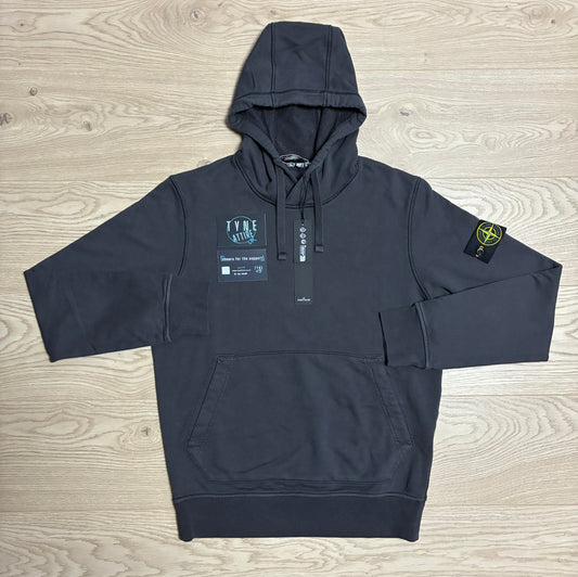Stone Island 64151 Cotton Fleece Garment Dyed Charcoal Black Popover Drawstring Hoodie