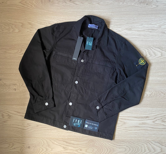 Stone Island 11412 Garment Dyed Dual Chest Pocket Cotton Ripstop Button Black Overshirt Jacket