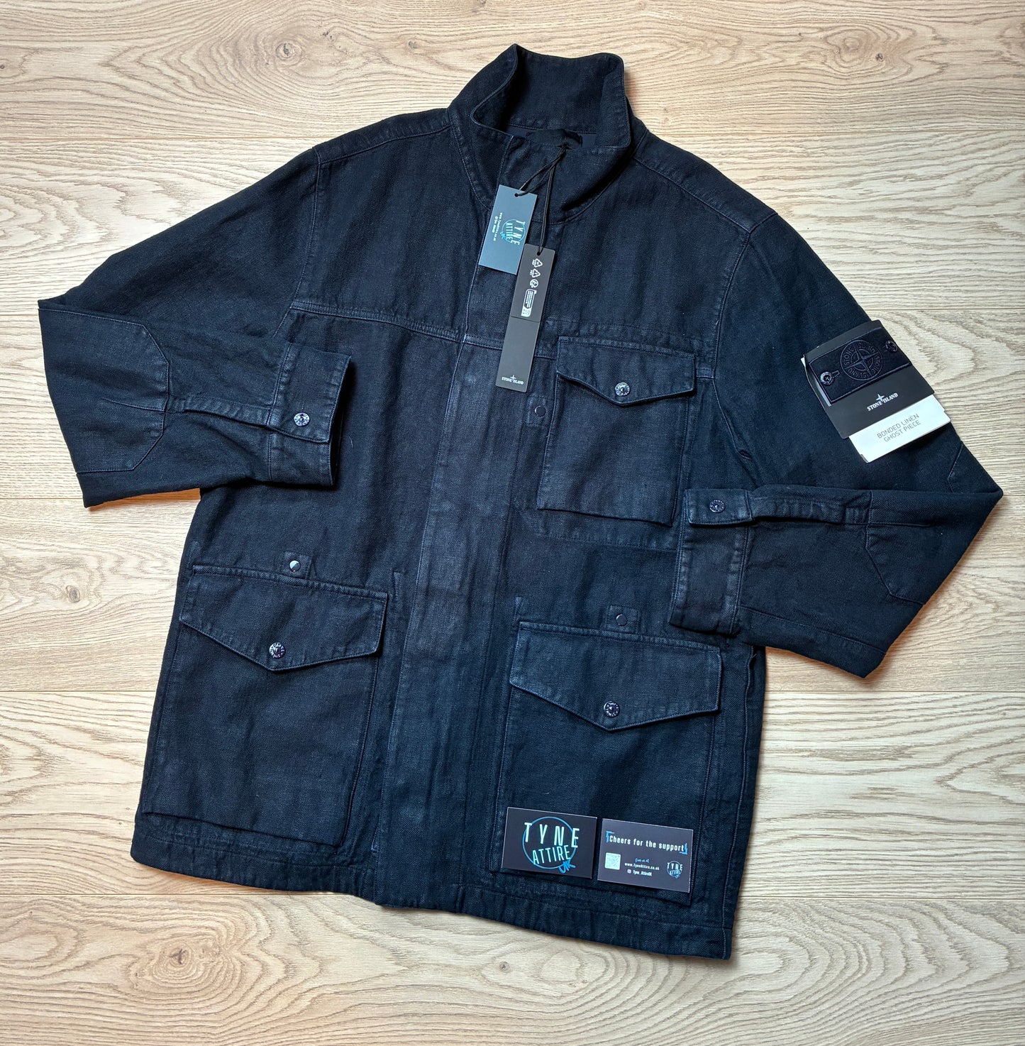 Stone Island 4100077 Ghost Piece_Garment Dyed Bonded Linen Collared Navy Blue Jacket