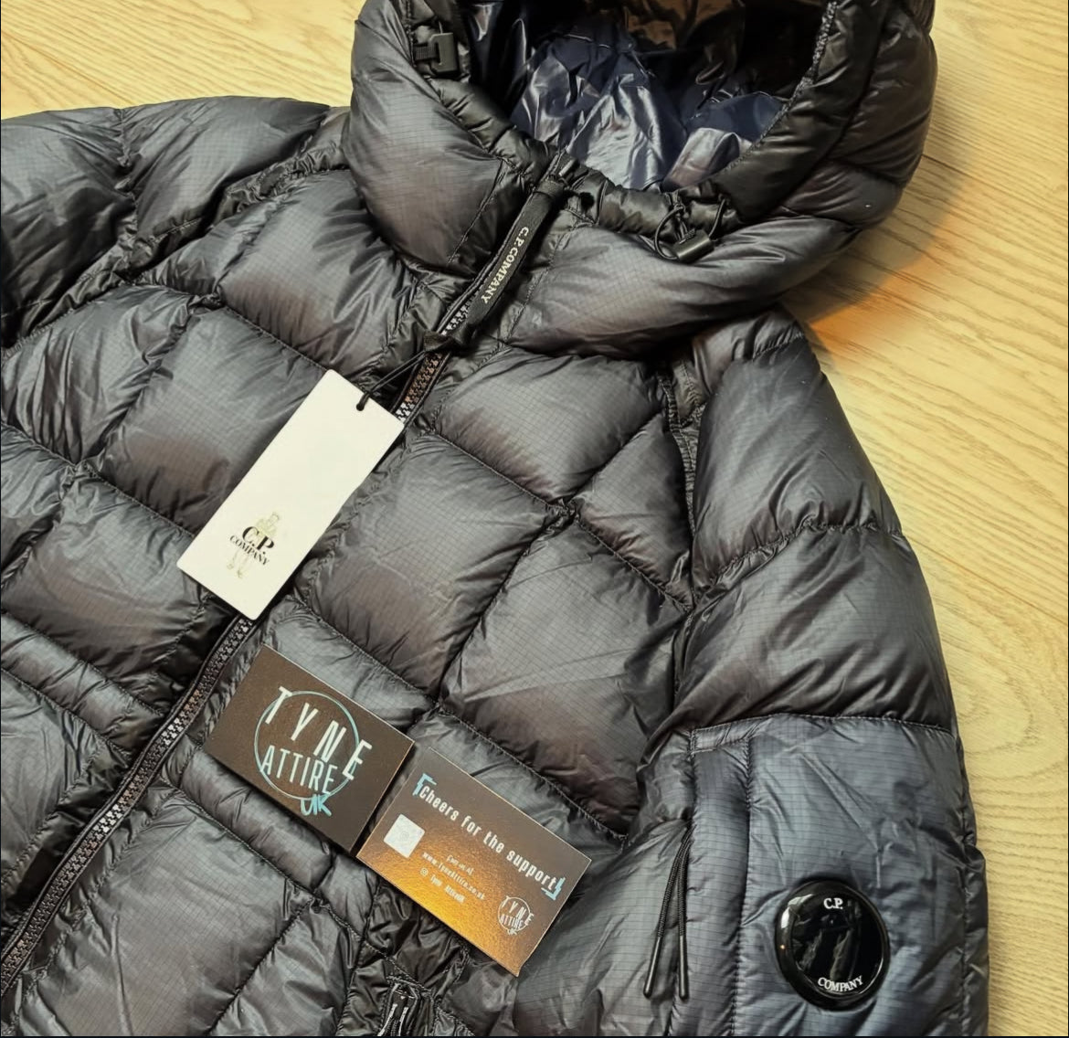 C.P. Company D.D Shell Arm Pocket Lens Down Filled Nylon Navy Blue Hooded Puffer Jacket