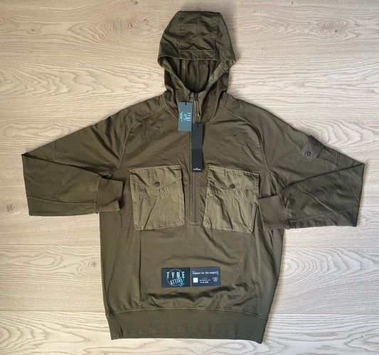 Stone Island 636 Ghost Piece_Garment Dyed Military Green 1/2 Zip Smock Popover Hoodie