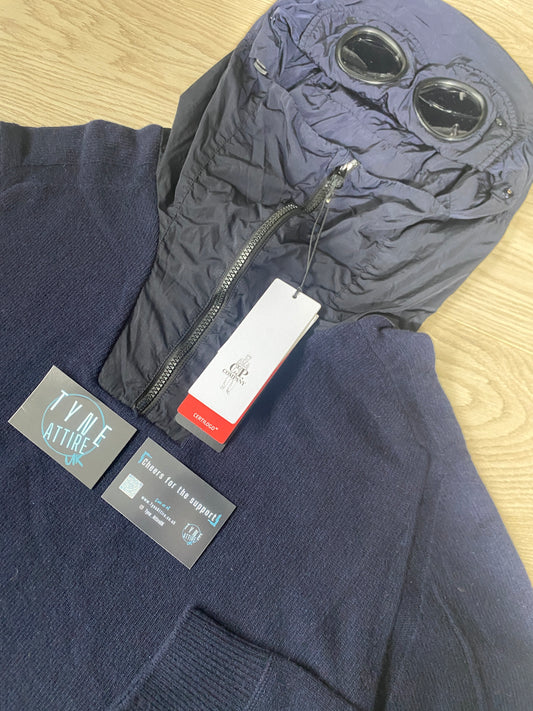 C.P. Company 1/2 Zip Navy Blue Nylon Goggle Hooded Knit Sweater